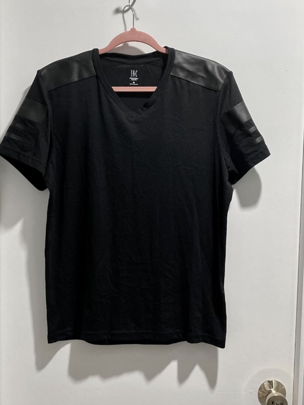 INC Black Faux Leather V-Neck S/S School Goth Punk Grunge Tee T-Shirt Top M